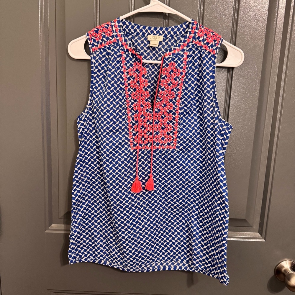 J. Crew Embroidered Blue, White, and Pink Sleeveless Top